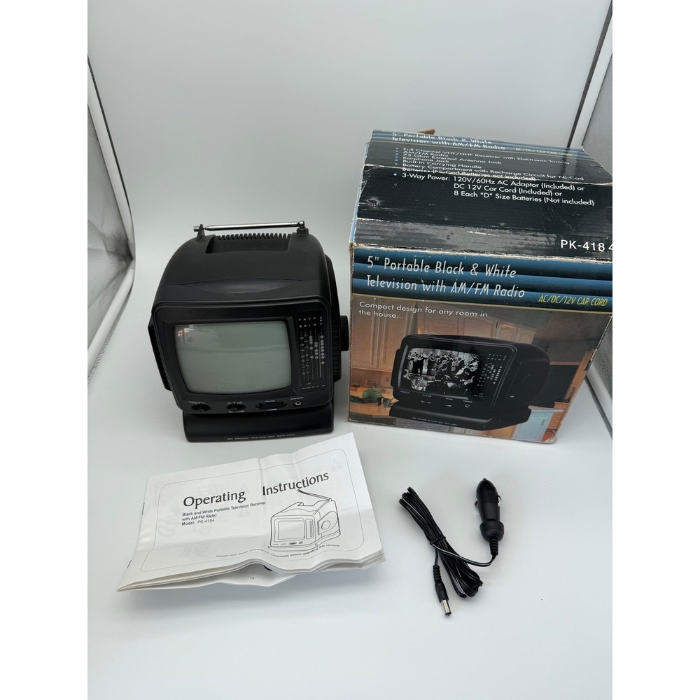 Vintage 5 Inch Portable Black and White TV AM FM Radio PK-4184 with Box and Cord